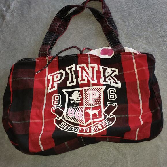 Victorias Secret PINK Red Buffalo Check Plaid Soft Tote with Logo - Picture 2 of 3